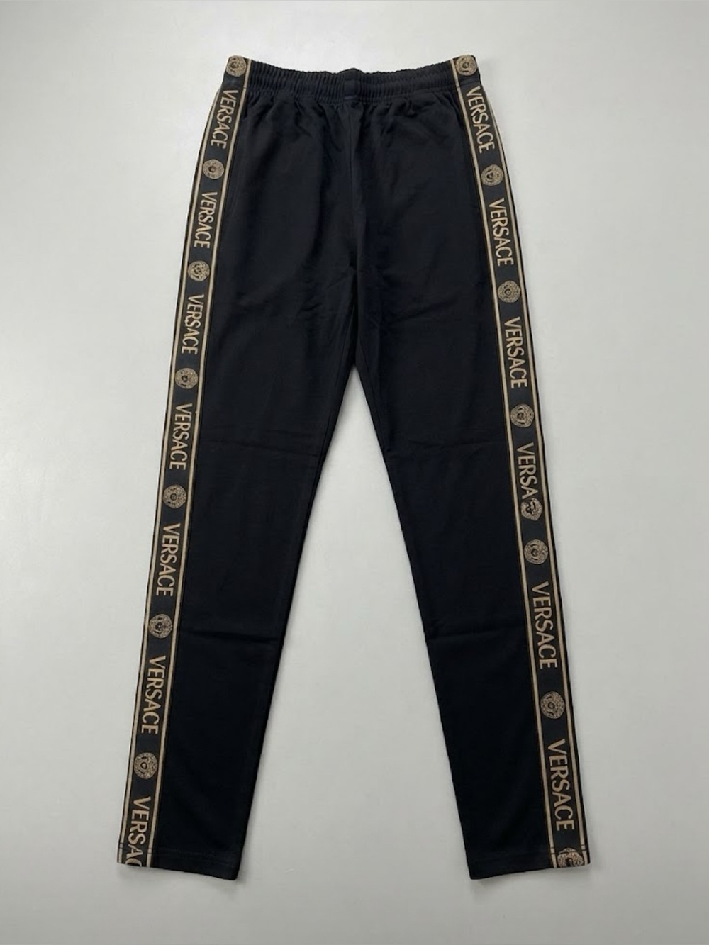 Hand made woman’s Black Joggers with Gold Logo Side Tape